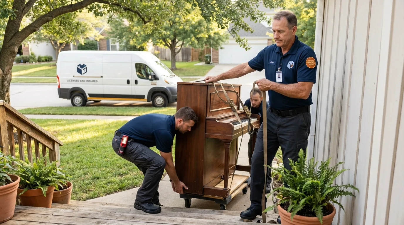 Licensed piano movers securing grand piano in Westville, IN