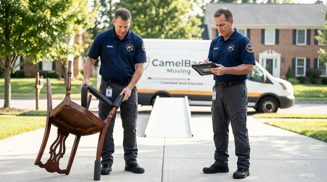 Movers inspecting furniture for damage prevention before loading in Westville, IN