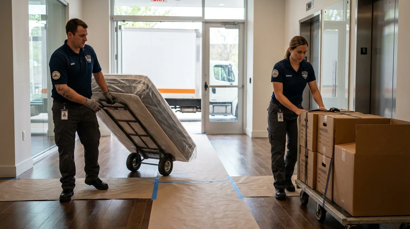 Professional apartment movers loading elevator in Westville, IN