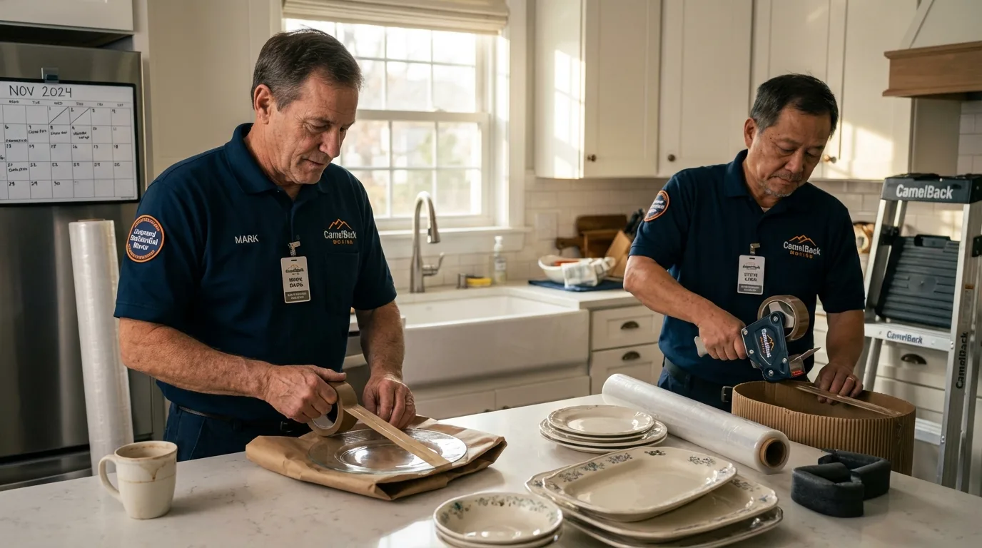 Professional crew packing kitchen dishware in Westville, IN